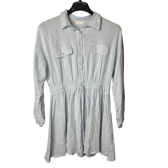 Kori Dresses & Skirts - Kori Mini Shirt Dress Size L Shell Buttons 2 Pockets Elastic Waist Drawstring